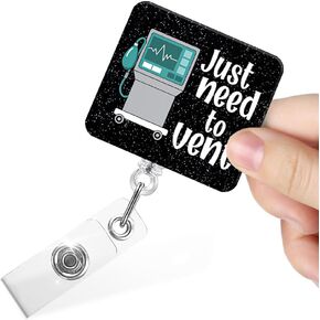 Just Need to Vent Funny Inhaler Retractable Badge Reel with Alligator Clip, Glitter Badge Holder for ER Nurse Doctor RT RRT ICU Pulmonology Respiratory Therapist, Respiratory Therapy Gift
