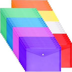 50pcs Plastic Envelopes,Clear Poly Envelopes,Document Folders with Snap Button Closure,Document Folders Letter A4 Size File Envelopes for School Home Work Office Organization(8 Assorted Color)