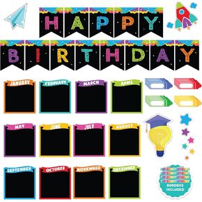 Decorably 88 Pcs Cutouts Chalkboard Vibrant Birthday Bulletin Board Set for Classroom with Accompanying Borders, Birthday Wall for Classroom, School