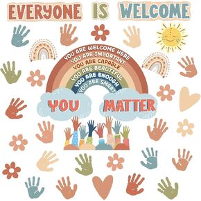 Boho Bulletin Board Decorations for Classroom, 35Pcs Everyone is Welcome Classroom Positive Motivational Inspirational Affirmation Wall Decor Boho Rainbow Cutouts for Teacher School Supplies