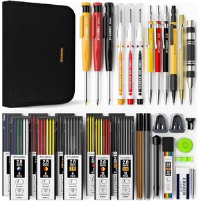34 Pack Carpenter Pencil Set with Sharpener, Mechanical Carpenter Pencils with Deep Hole Long-Nib Marker Pens, Carbide Scribe Tool & Construction Pencils for Architect Woodworking with Case