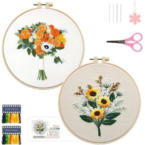 FIFILLION 2 Pcs Beginner Embroidery Kits for Adults. Stamped Cross Stitch Kits for Beginners. Flower Embroidery Kit for Beginners Adults. Embroidery Patterns Needlepoint Kit with 2 Embroidery Hoops.