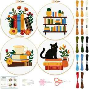 BEUNITONE Flower Embroidery Kit for Beginners 4 Pack Embroidery Starter Kit for Adult Cat Plant Books Pattern Stamped Cross Stitch Set with Instructions Embroidery Hoops Easy for DIY Craft 7.9''
