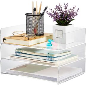 Yulejo Acrylic Desk Organizers and Accessories Tier Paper File Organizer Tray Stackable Document Clear Desk Accessories for Office Workspace Organization (12.4 x 8.74 x 2.68 Inch)