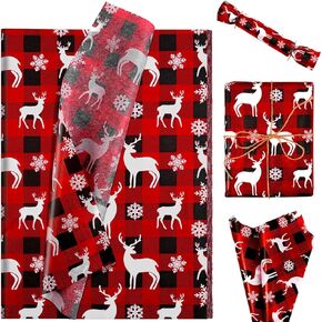 100 Sheets Christmas Buffalo Plaid Tissue Paper for Gift Wrapping Red Black Checkered Elk Snowflake Printed Tissue Paper for Gift Bags Rustic Art Tissue for Winter Holidays DIY Craft, 20 × 14 Inches
