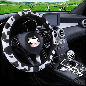 SuperKaKa 3PCS Cow Print Steering Wheel Cover,Auto Cute Anti-Slip Breathable Cow-Pattern Shift Gear & Hand Brake Covers Universal Car Interior Accessories for Women Men (Black)