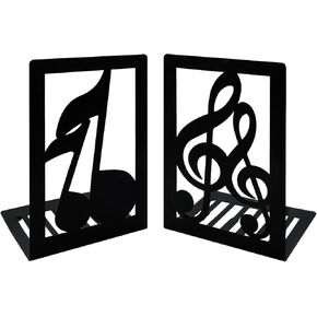 1 Pair Black Book Ends Musical Note Modern Bookends for Shelves,Metal Music Themed Book Holder Journal Book Organizer CD Holder Office Home Decorative Bookends for Back to School Student Kids Gift