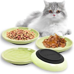 BNOSDM 4 Pcs Cat Food Bowls Ceramic Shallow Kitten Dishes Non-Slip Silicone Bottom Whisker Friendly Cat Bowl Set, Pet Dry/Wet Food Plates for Kitty Small Cats, Green