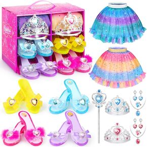 Princess Dress Up Shoes Set for Girls 4-6, Girls Role Play Dress Up Clothes Toys Toddler Princess Jewelry Boutique Kit Gift Aged 3-6 Years Old Include Skirts, 4 Pairs of Shoes, Princess Accessories