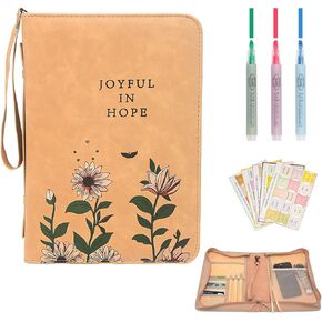 Bible Cover Case for Women, Premium PU Leather Bible Cover with Detachable Wristlet Strap, Bible Bag with Handle & Zippered Pocket, Waterproof Bible Bag with Floral Design