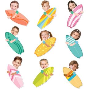 45Pcs Summer Cutouts Surfboard Paper Cut-Outs 9 Designs Hawaiian Beach Surfing Bulletin Board Decor with 100Pcs Glue Points for DIY Craft Classroom Home Party