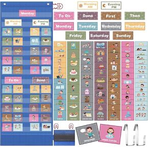 Fulmoon Visual Schedule for Kid Large Chore Chart Magnetic Pocket Charts Morning Bedtime Routine Chart for Toddlers Daily Schedule Board with 109 Cards for Home School Planner Autism Learning Material