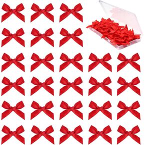 100PCS Mini Ribbon Bows 1.57" Satin Small Premade Bows for Sewing Crafts Gift Wrapping Baby Shower Hair Cake Treats Party Christmas Halloween Decorations Red