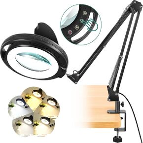 10X Large Magnifying Glass with Light and Big Clamp, 2 x 16 Inch Swivel Arm Lighted Magnifier with Stand, 5 Color Modes Dimmable Magnifying Desk Lamp Hands Free for Crafts, Workbench, Hobby, Sewing