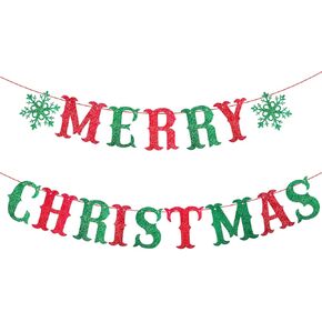 Morofme Merry Christmas Banner Glitter Red and Green Merry Christmas Sign With Snowflake Decorations Glittery Christmas Banner Holiday Decor for Wall Fireplace Christmas New Year's Party Photo Props