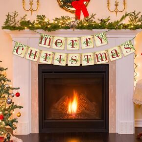 Merry Christmas Decor Decorations Banner, Vintage Christmas Banner for Indoor Home Office Mantle Fireplace Wall, Xmas Party Holiday Supplies Hanging Decor
