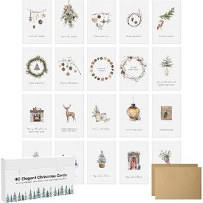 Dessie 40 Rustic Christmas Cards Boxed Set, 4" x 6" Farmhouse Coastal Holiday Cards with Kraft Envelopes & Stickers, Bulk Variety Pack (All Unique)