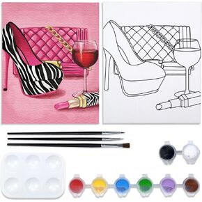 VOCHIC Canvas Painting Kit Pre Drawn Canvas for Painting for Adults Party Kit Paint and Sip Party Supplies 8x10 Canvas to Paint Girl High Heel Glass Bag Lipstick 8 Colors,3 Brush,1 Pallet Art Set