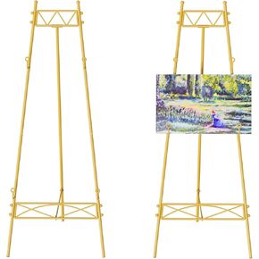 1 PCS Metal Gold Easel Stand Adjustable Display Painting Easel Gold Wedding Sign Stand Minimalistic Display Stand Floor 3 Tier Easel with Chain Support 55" x 21" x 24"