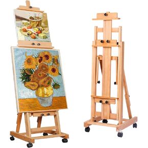 H Frame Easel Multi-Function Studio Easel Solid Beech Wood Easel Adjustable Painting Canvas Holder Stand Tilts Flat Artist Easel with Locking Caster Wheels
