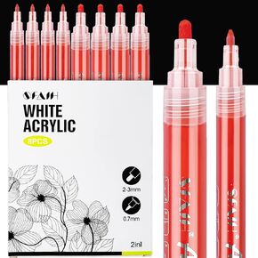 SFAIH Acrylic White Paint Pens - 8 Pack 2-3MM Medium Tip & 0.7MM Extra Fine White Paint Marker for Rock Painting, Wood, Metal, Fabric, Plastic, Canvas, Glass, Ceramic, Diy Crafts