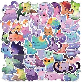 50 Pcs Cartoon Rainbow Starry Sky Cat Stickers, Cute Aesthetic Cat Waterproof Stickers, Vinyl Stickers for Water Bottle, Laptop, Phone, Skateboard Stickers for Teens Girls Kids and Women