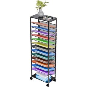 15 Tier Rolling File Cart, Mobile Desk File Organizer with Metal Mesh Paper Letter Storage Multi-Functional Rolling Cart for Office, Home, School, Black