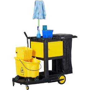 Restaurantware-Clean Tek Professional Janitor Cart with Wheels, 1 Cleaning Trolley with Cover and 21 Gallon Bag - 3 Shelves, Heavy-Duty, Gray Plastic Commercial Janitorial Cart, for Restaurants