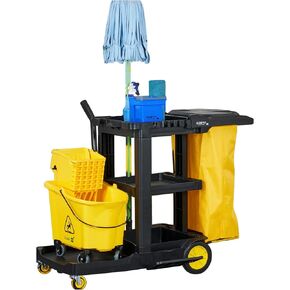 Restaurantware-Clean Tek Professional Janitor Cart with Wheels, 1 Cleaning Trolley with Cover and 21 Gallon Bag - 3 Shelves, Heavy-Duty, Gray Plastic Commercial Janitorial Cart, for Restaurants