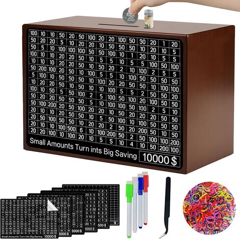 صندوق تحدي التوفير 10000 صندوق خشبي لتوفير المال 10000 دولار صندوق نقود Kakeibo Money Box عملة رقمية Piggy Bank Cash Vault Bank 10k Smash، Caja De Ahorros 10000 (بني 9.1 × 6.7 × 3.2 بوصة) in Kuwait