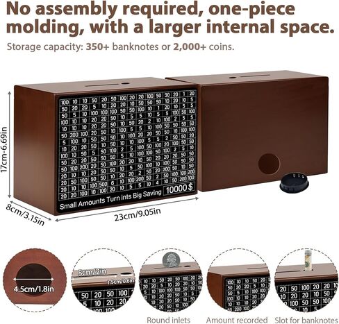 صندوق تحدي التوفير 10000 صندوق خشبي لتوفير المال 10000 دولار صندوق نقود Kakeibo Money Box عملة رقمية Piggy Bank Cash Vault Bank 10k Smash، Caja De Ahorros 10000 (بني 9.1 × 6.7 × 3.2 بوصة) in Kuwait