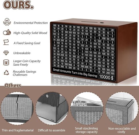 صندوق تحدي التوفير 10000 صندوق خشبي لتوفير المال 10000 دولار صندوق نقود Kakeibo Money Box عملة رقمية Piggy Bank Cash Vault Bank 10k Smash، Caja De Ahorros 10000 (بني 9.1 × 6.7 × 3.2 بوصة) in Kuwait