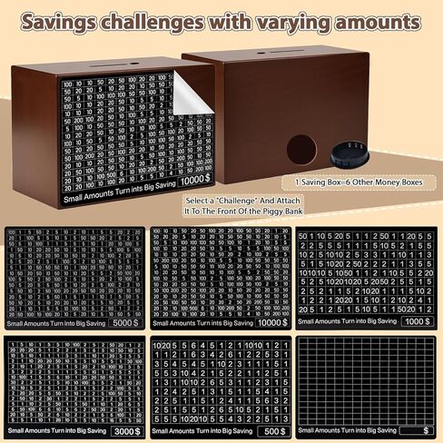 صندوق تحدي التوفير 10000 صندوق خشبي لتوفير المال 10000 دولار صندوق نقود Kakeibo Money Box عملة رقمية Piggy Bank Cash Vault Bank 10k Smash، Caja De Ahorros 10000 (بني 9.1 × 6.7 × 3.2 بوصة) in Kuwait