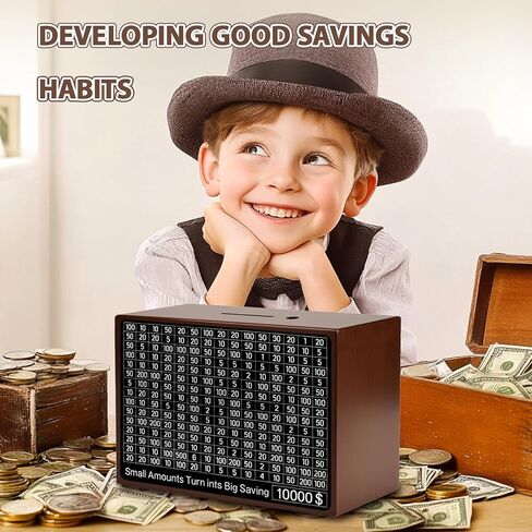 صندوق تحدي التوفير 10000 صندوق خشبي لتوفير المال 10000 دولار صندوق نقود Kakeibo Money Box عملة رقمية Piggy Bank Cash Vault Bank 10k Smash، Caja De Ahorros 10000 (بني 9.1 × 6.7 × 3.2 بوصة) in Kuwait