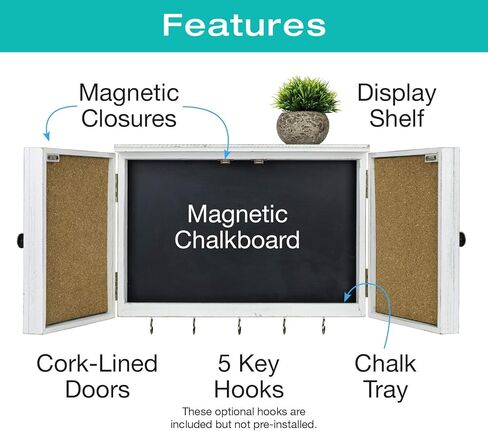 منتجات Excello Global سبورة مغناطيسية خشبية ريفية: خزانة مدخل مثبتة على الحائط مقاس 12 × 17 بوصة تشتمل على لوح الفلين ورف عرض منظم لسبورة الطباشير القابلة للمسح وخطافات المفاتيح (أبيض) in Kuwait