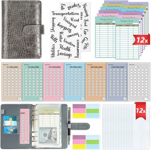 2 in 1 Money Saving Binder, A6 Budget Binder with 12pcs Zipper Cash Envelopes, Money Saving Challenge Tracker & Expense Sheets, Cash Stuffing Binder for Budget Planner in Saudi Arabia
