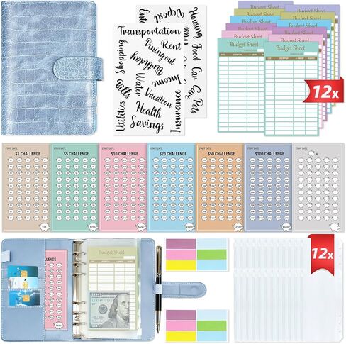 2 in 1 Money Saving Binder, A6 Budget Binder with 12pcs Zipper Cash Envelopes, Money Saving Challenge Tracker & Expense Sheets, Cash Stuffing Binder for Budget Planner in Saudi Arabia