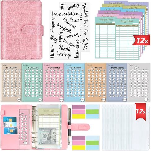 2 in 1 Money Saving Binder, A6 Budget Binder with 12pcs Zipper Cash Envelopes, Money Saving Challenge Tracker & Expense Sheets, Cash Stuffing Binder for Budget Planner in Saudi Arabia