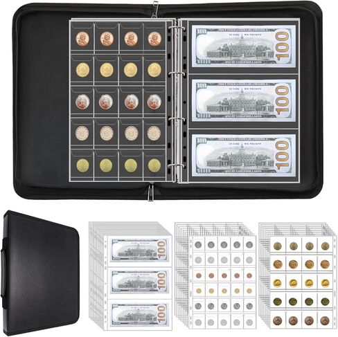 Coin Collection Supplies Holder for Collectors with Handle, Fireproof 400 Pockets Coin Collection Book & 36 Paper Money Organizer Binder for Coin Currency Collection Supplies,Pennies (Black) in Kuwait