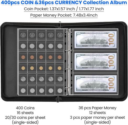 Coin Collection Supplies Holder for Collectors with Handle, Fireproof 400 Pockets Coin Collection Book & 36 Paper Money Organizer Binder for Coin Currency Collection Supplies,Pennies (Black) in Kuwait