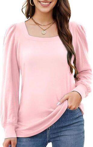 AURUZA Women's Long Sleeve Tops Blouses Fall Casual Loose Shirts Dressy Pleated Square Neck Tunic Tops for Women 2023 in Kuwait