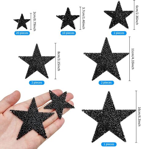 37Pcs 6Sizes Star Patches Iron On,Star Appliques Rhinestone Adhesive Iron on Star Patches Adhesive Applique Glitter Repair Patch for Clothes Bag Pants Shoes Cellphone Decor DIY Accessory(Black) in Kuwait