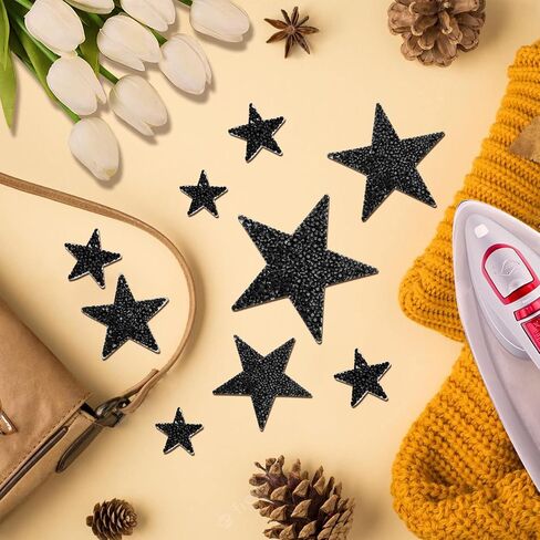 37Pcs 6Sizes Star Patches Iron On,Star Appliques Rhinestone Adhesive Iron on Star Patches Adhesive Applique Glitter Repair Patch for Clothes Bag Pants Shoes Cellphone Decor DIY Accessory(Black) in Kuwait