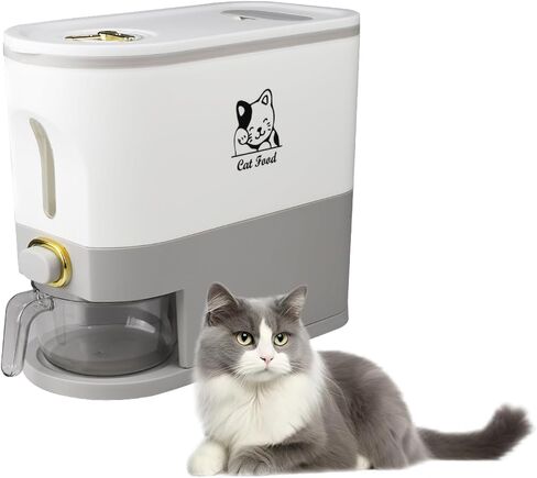 حاوية تخزين طعام القطط الأليفة، حاويات طعام جافة كبيرة للقطط بسعة 6 إلى 7 رطل مع كوب قياس، موزع طعام للكلاب والقطط مقاوم للطقس لمخزن المطبخ - رمادي/أبيض in Kuwait