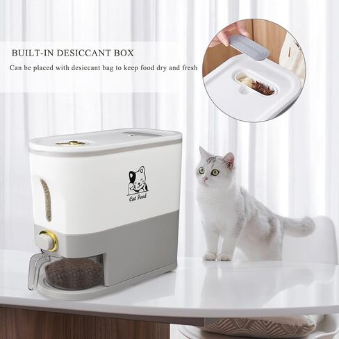 حاوية تخزين طعام القطط الأليفة، حاويات طعام جافة كبيرة للقطط بسعة 6 إلى 7 رطل مع كوب قياس، موزع طعام للكلاب والقطط مقاوم للطقس لمخزن المطبخ - رمادي/أبيض in Kuwait