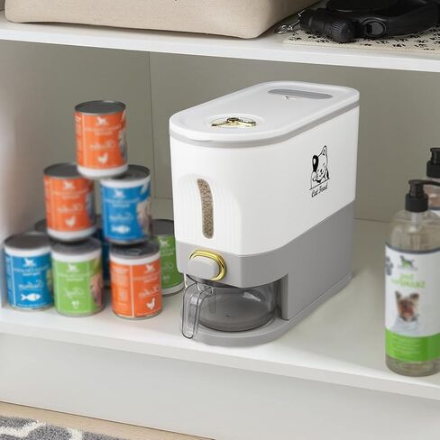 حاوية تخزين طعام القطط الأليفة، حاويات طعام جافة كبيرة للقطط بسعة 6 إلى 7 رطل مع كوب قياس، موزع طعام للكلاب والقطط مقاوم للطقس لمخزن المطبخ - رمادي/أبيض in Kuwait