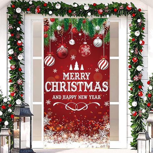 زينة باب عيد الميلاد الحمراء مقاس كبير لعيد الميلاد المجيد وغطاء باب رأس السنة الجديدة لديكورات حفلات عيد الميلاد، 71 × 35 بوصة in Kuwait