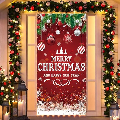 زينة باب عيد الميلاد الحمراء مقاس كبير لعيد الميلاد المجيد وغطاء باب رأس السنة الجديدة لديكورات حفلات عيد الميلاد، 71 × 35 بوصة in Kuwait