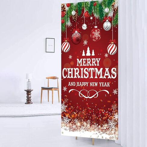 زينة باب عيد الميلاد الحمراء مقاس كبير لعيد الميلاد المجيد وغطاء باب رأس السنة الجديدة لديكورات حفلات عيد الميلاد، 71 × 35 بوصة in Kuwait