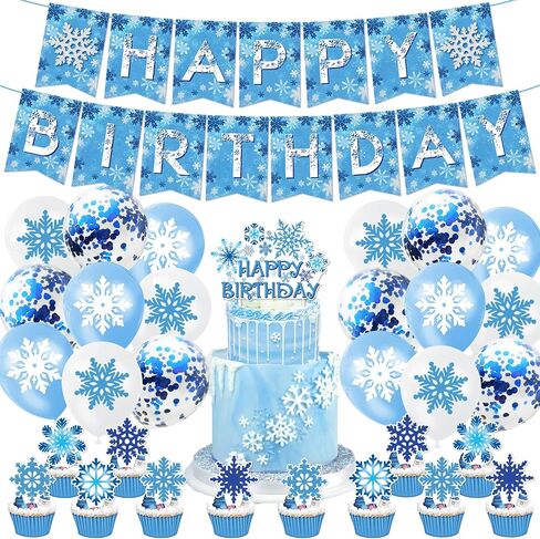 Winter Wonderland Birthday Party Decorations Snowflake Happy Birthday Banner Cake Toppers Blue White Snowflake Balloons Winter Wonderland Boys Girls 1st Birthday Party Supplies in Saudi Arabia